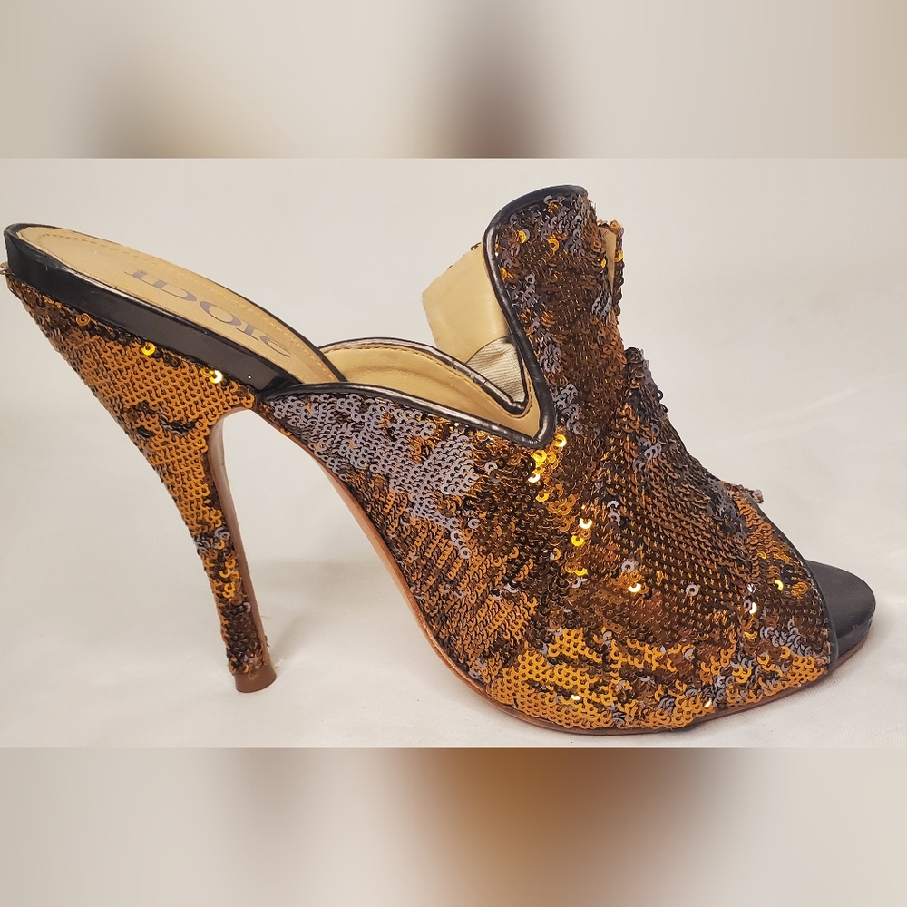 IDORE - size 41/10-gold sequins embellished bow high-heels mules- shoes